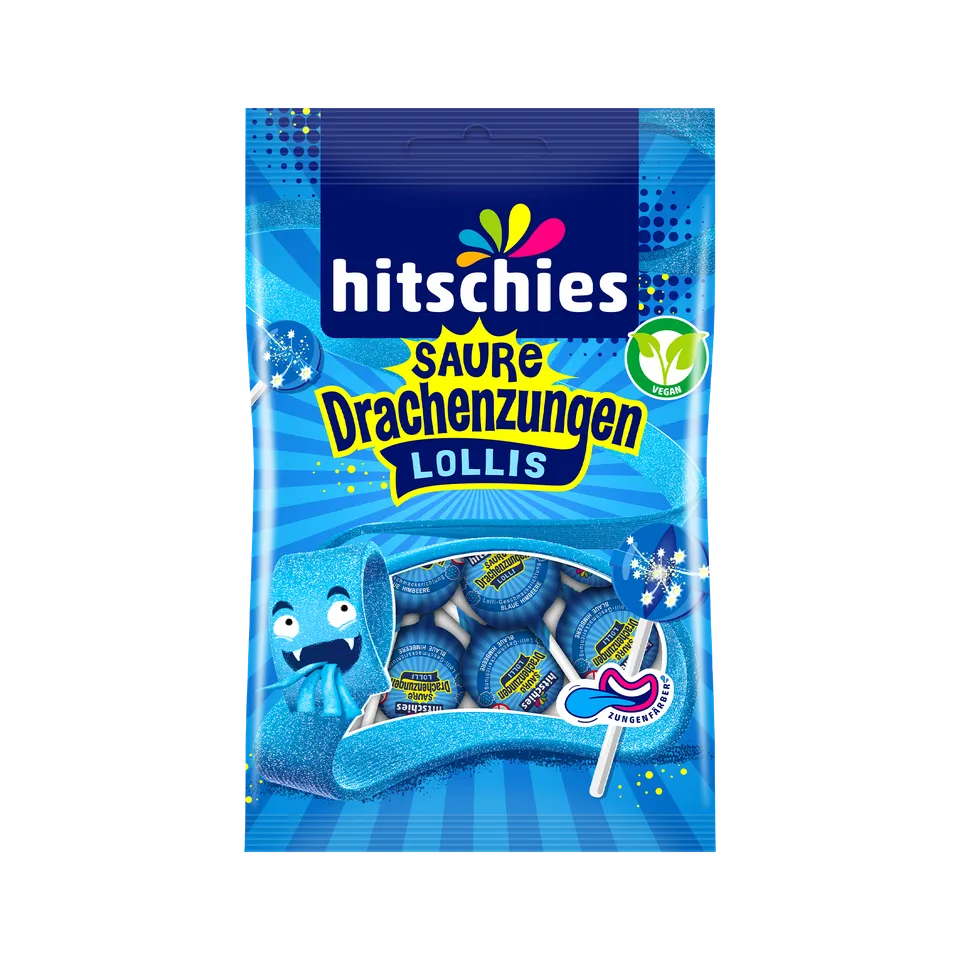 hitschies-saure-drachenzungen-lollis-blau-lutscher-mit-brausekern-blaue-himbeere image 1