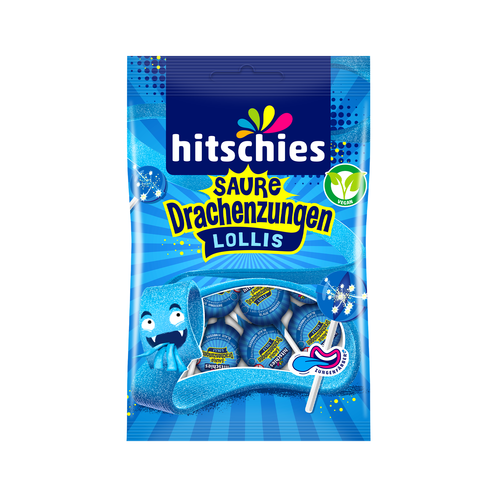 hitschies-saure-drachenzungen-lollis-blau-lutscher-mit-brausekern-blaue-himbeere image 1
