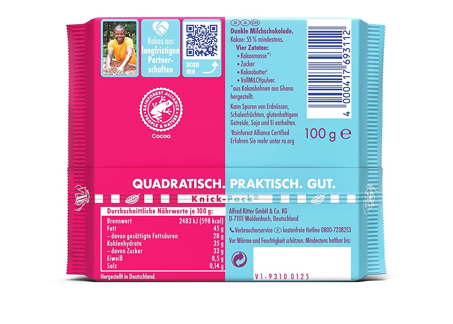 ritter-sport-die-milde-55-aus-ghana-dunkle-milchschokolade-100-g image 2