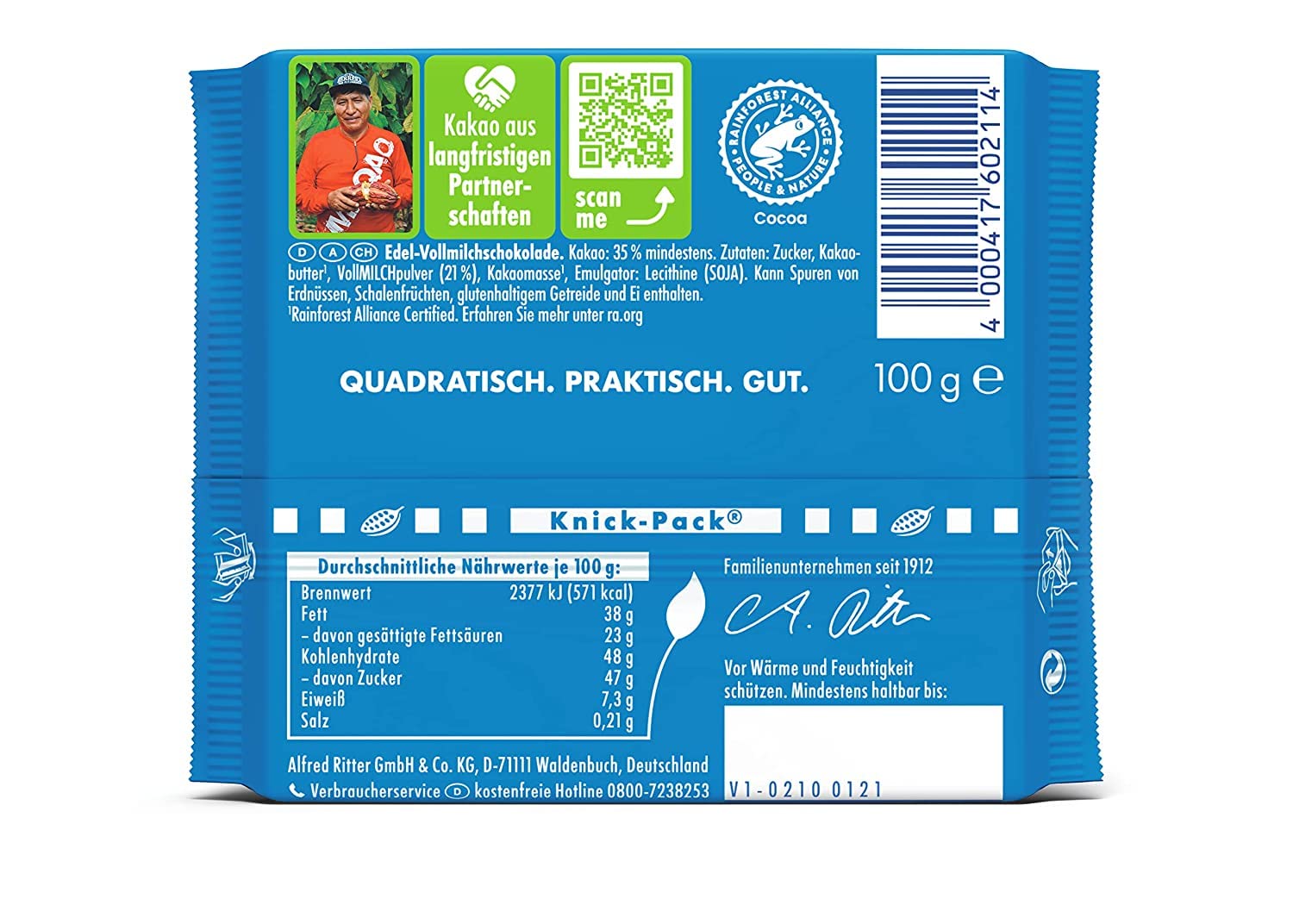 ritter-sport-edel-vollmilch-100g-vollmilchschokolade-35-kakao image 2